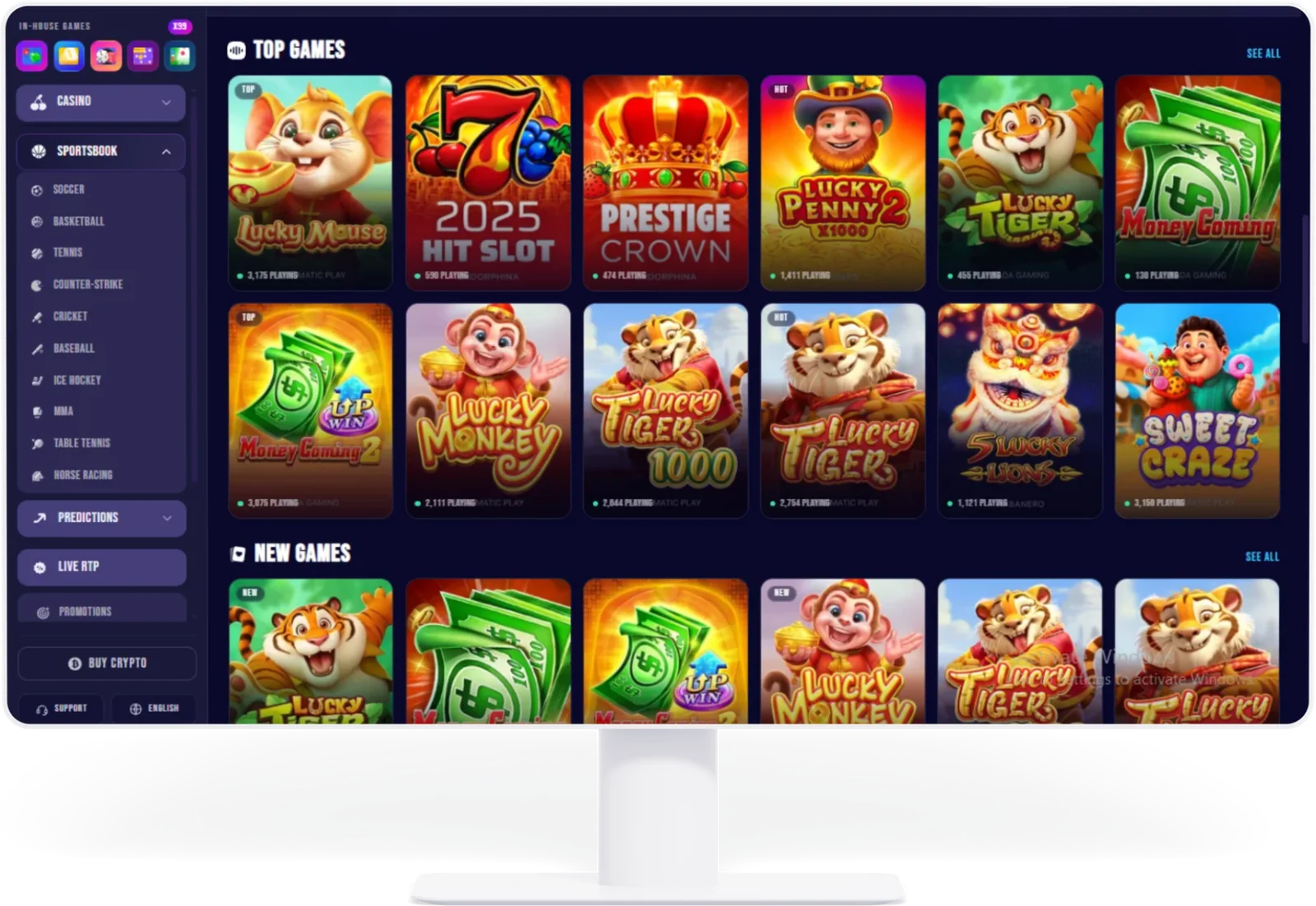 Node Roll game lobby with top games