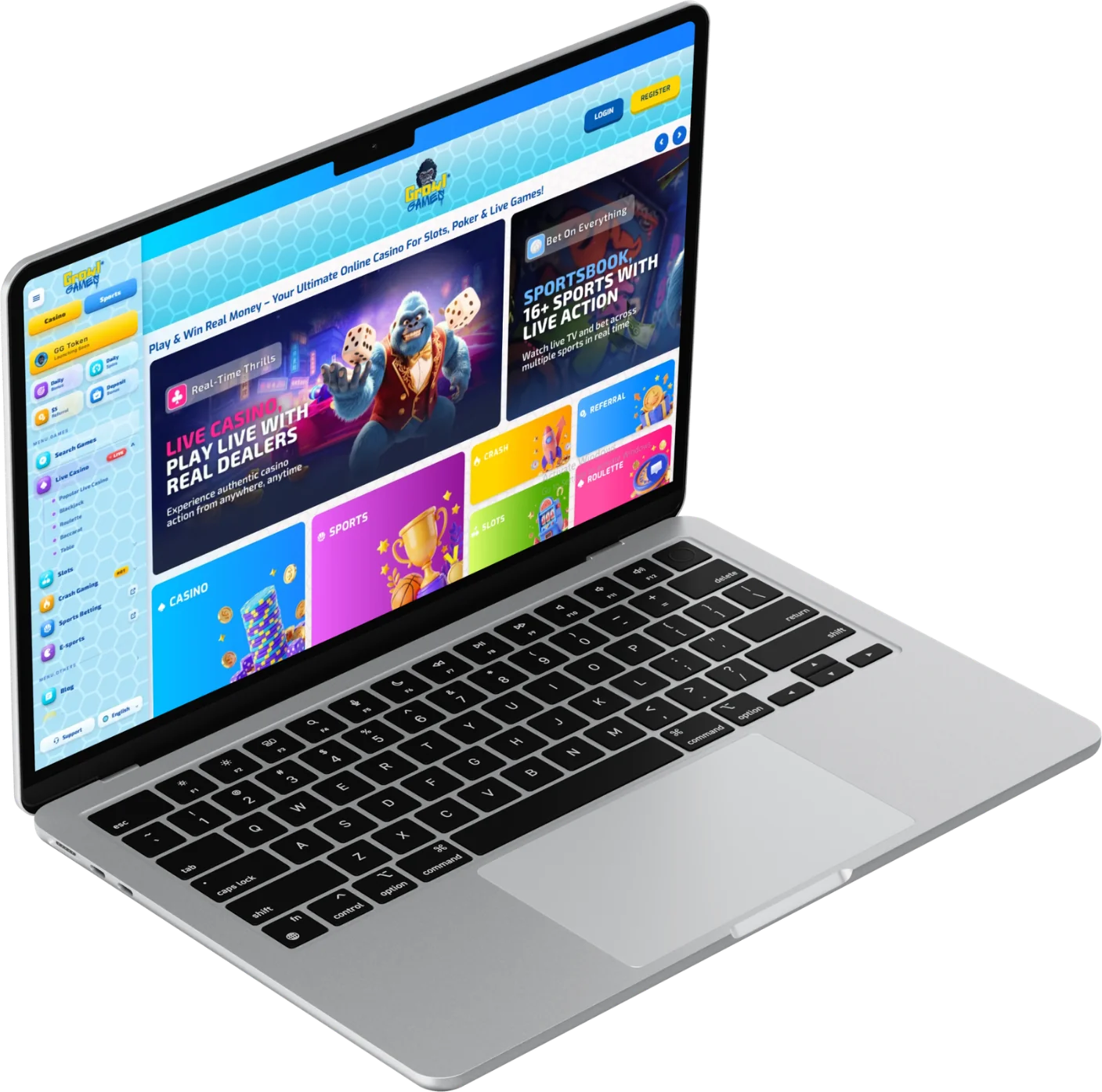 Growl Games casino lobby designed and built by Staack Games, shown on a laptop